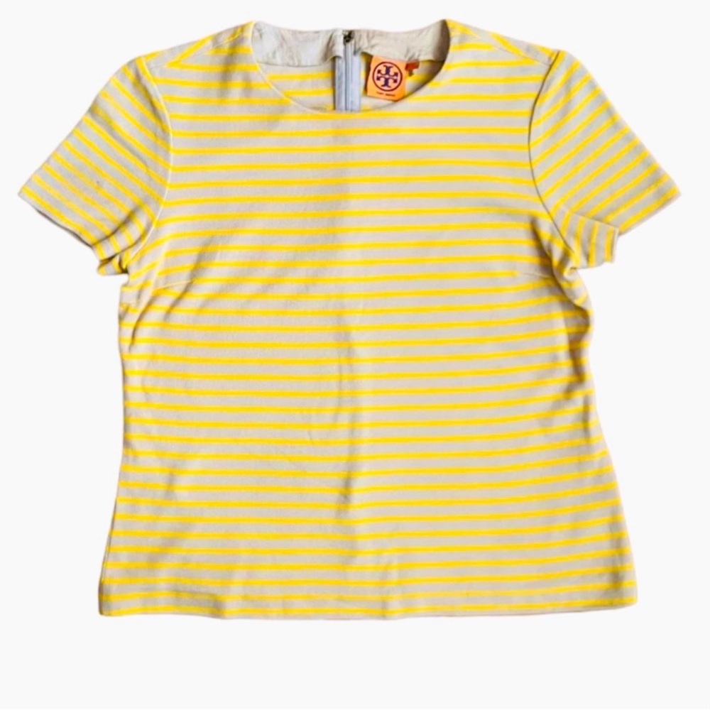 TORY BURCH 100% Cotton Yellow / Khaki Stripe Short Sleeve Knit